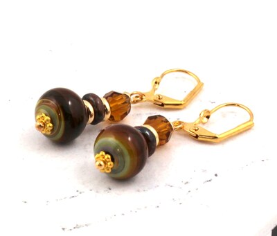 Petite Brown and Gold Color Dangle Earrings, Festive Fall Earrings, Lampwork Jewelry - image3